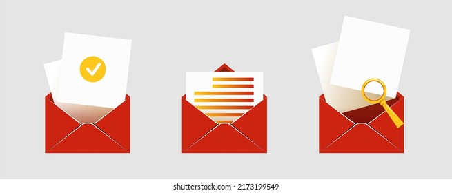 open mail envelope icon set with marker new message
 isolated on grey background. Render email notification
 with letters, check mark, paper plane and magnifying glass.
 realistic vector