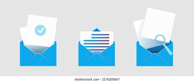 open mail envelope icon set with marker new message
 isolated on grey background. Render email notification
 with letters, check mark, paper plane and magnifying glass.
 realistic vector