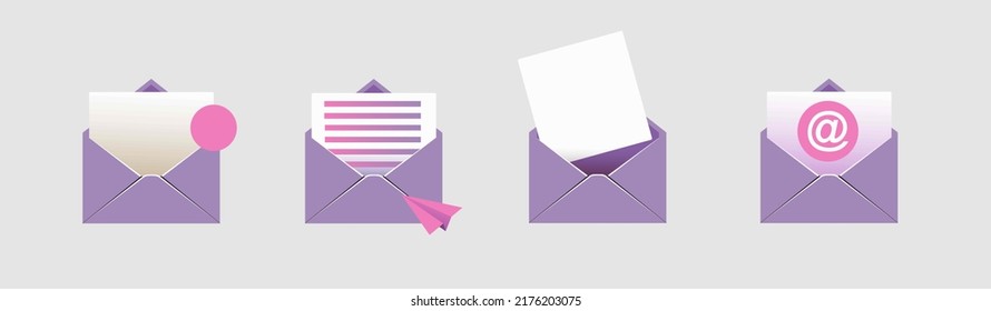 open mail envelope icon set with marker new message
 isolated on grey background. Render email notification
 with letters, check mark, paper plane and magnifying glass.
 realistic vector