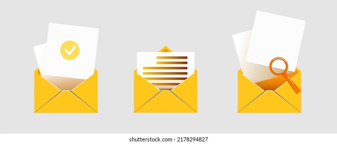 open mail envelope icon set with marker new message
 isolated on grey background. Render email notification
 with letters, check mark, paper plane and magnifying glass.
 realistic vector