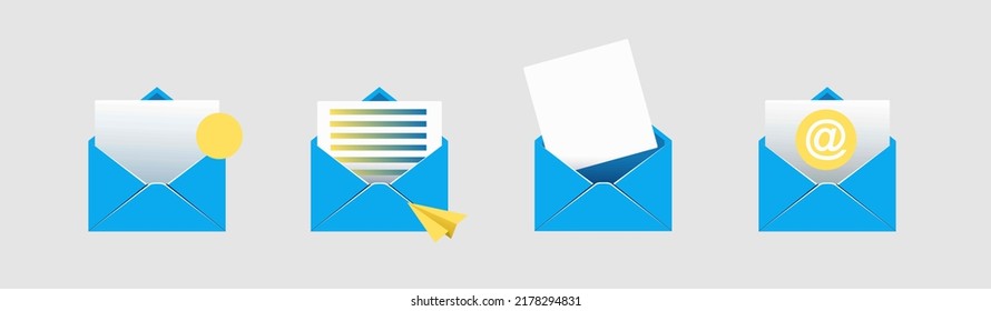 open mail envelope icon set with marker new message
 isolated on grey background. Render email notification
 with letters, check mark, paper plane and magnifying glass.
 realistic vector