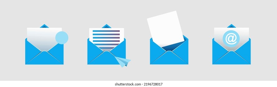 open mail envelope icon set with marker new message
 isolated on grey background. Render email notification
 with letters, check mark, paper plane and magnifying glass.
 realistic vector
