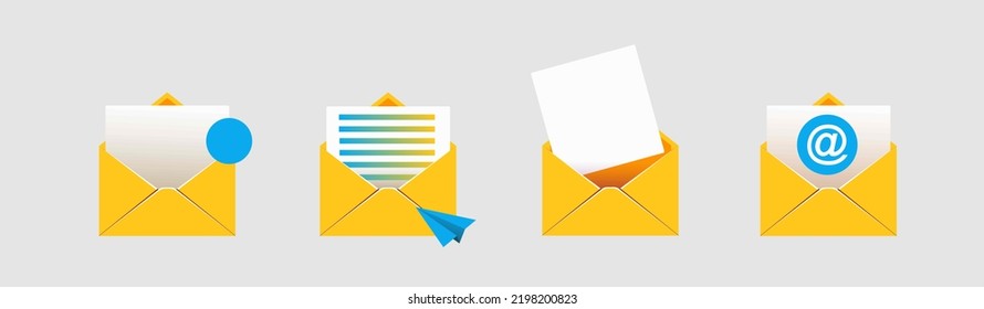 open mail envelope icon set with marker new message
 isolated on grey background. Render email notification
 with letters, check mark, paper plane and magnifying glass.
 realistic vector