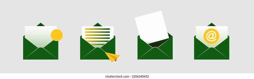 open mail envelope icon set with marker new message
 isolated on grey background. Render email notification
 with letters, check mark, paper plane and magnifying glass.
 realistic vector