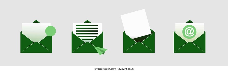 open mail envelope icon set with marker new message
 isolated on grey background. Render email notification
 with letters, check mark, paper plane and magnifying glass.
 realistic vector