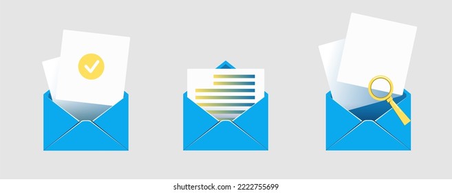 open mail envelope icon set with marker new message
 isolated on grey background. Render email notification
 with letters, check mark, paper plane and magnifying glass.
 realistic vector