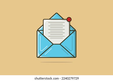 Open Mail Envelope with Paper Document and Notification vector illustration. Office equipment icon concept. Office email letter in envelope vector design. Sign of mail envelope on brown background.