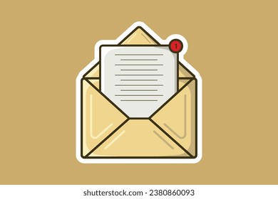 Open Mail Envelope with Paper Document and Notification Sticker design vector illustration. Office equipment icon concept. Office email letter in envelope sticker design logo with shadow.