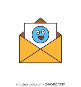 Open mail envelope with paper letter inside and laughing joyful face. Color cartoon vector illustration.