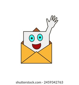 Open mail envelope with paper letter inside and laughing joyful face. Color cartoon vector illustration.