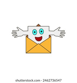 Open mail envelope with paper letter inside and laughing joyful face. Color cartoon vector illustration.