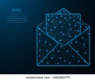 Open mail envelope poly design, mail abstract geometric image, letter wireframe mesh polygonal vector illustration made from points and lines on dark blue background