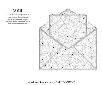 Open mail envelope poly design, mail abstract geometric image, letter wireframe mesh polygonal vector illustration made from points and lines on white background