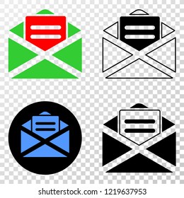 Open mail EPS vector pictograph with contour, black and colored versions. Illustration style is flat iconic symbol on chess transparent background.