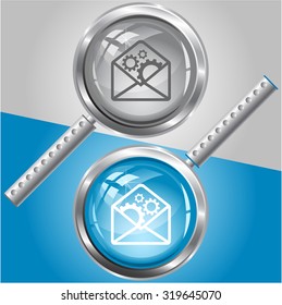 open mail with gears. Vector magnifying glass.