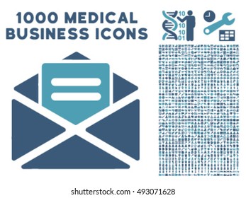 Open Mail icon with 1000 medical business cyan and blue vector pictographs. Set style is flat bicolor symbols, white background.