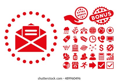 Open Mail icon with bonus design elements. Vector illustration style is flat iconic symbols, red color, white background.