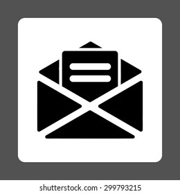 Open mail icon. Vector style is black and white colors, flat rounded square button on a gray background.