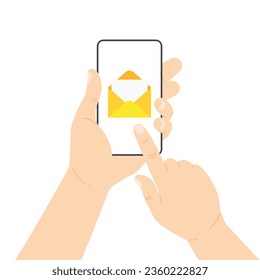 Abre la notificación de la bandeja de entrada de correo en una pantalla. Sobre amarillo en la pantalla del smartphone. Mano mantiene el teléfono con la mensajería entrante. Ilustración vectorial en estilo plano moderno.