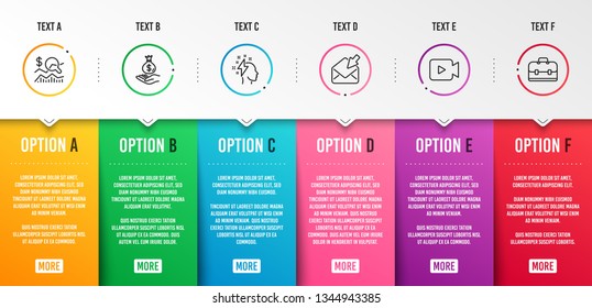 Open mail, Income money and Brainstorming icons simple set. Check investment, Video camera and Portfolio signs. View e-mail, Savings. Education set. Infographic template. 6 steps timeline. Vector