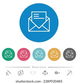 Open mail with letter outline flat white icons on round color backgrounds. 6 bonus icons included.