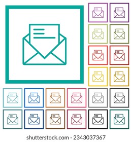 Open mail with letter outline flat color icons with quadrant frames on white background