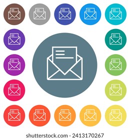Open mail with letter outline flat white icons on round color backgrounds. 17 background color variations are included.