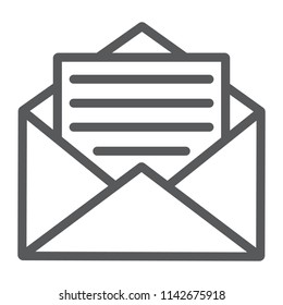 Open mail line icon, envelope and letter, email sign, vector graphics, a linear pattern on a white background, eps 10.
