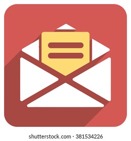 Open Mail long shadow vector icon. Style is a flat symbol on a red rounded square button.