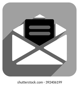 Open Mail long shadow vector icon. Style is a flat open mail iconic symbol on a gray square background.