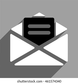 Open Mail long shadow vector icon. Style is a flat black and white symbol on a gray square background. Dark-gray shadow is directed to left-down.