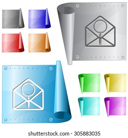 open mail with magnifying glass. Vector metal surface.