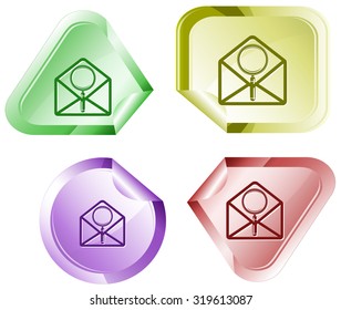 open mail with magnifying glass. Vector sticker.