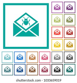 Open mail with malware symbol flat color icons with quadrant frames on white background