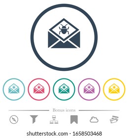 Öffnen Sie E-Mails mit Malware-Symbolen mit flachen Farbbildern in runden Umrissen. 6 Bonussymbole sind im Lieferumfang enthalten.