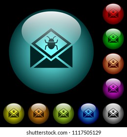 Open mail with malware symbol icons in color illuminated spherical glass buttons on black background. Can be used to black or dark templates
