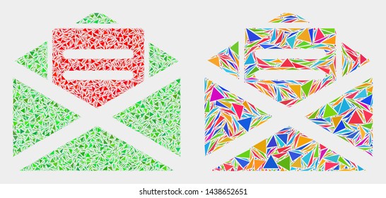 Open mail mosaic icon of triangle elements which have variable sizes and shapes and colors. Geometric abstract vector illustration of open mail.