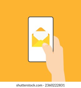 Open mail notification on a screen. Yellow envelope on smartphone screen. Hand holds phone with incoming messaging. Vector illustration in modern flat style.
