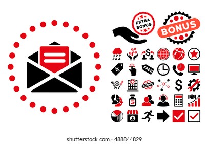Open Mail pictograph with bonus pictures. Vector illustration style is flat iconic bicolor symbols, intensive red and black colors, white background.