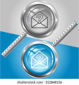 open mail with query sign. Vector magnifying glass.