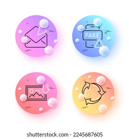 Open mail, Recycle and Fake news minimal line icons. 3d spheres or balls buttons. Download photo icons. For web, application, printing. View e-mail, Recycling waste, Wrong information. Vector