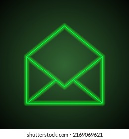 Open mail simple icon vector. Flat design. Green neon on black background with green light.ai