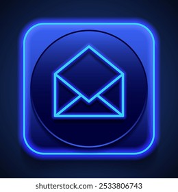 Open mail simple icon vector. Flat design. Blue neon style on button. With shadow.ai