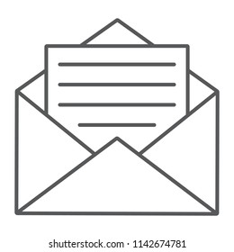 Open mail thin line icon, envelope and letter, email sign, vector graphics, a linear pattern on a white background, eps 10.
