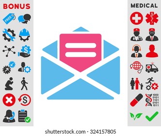 Open Mail vector icon. Style is bicolor flat symbol, pink and blue colors, rounded angles, white background.