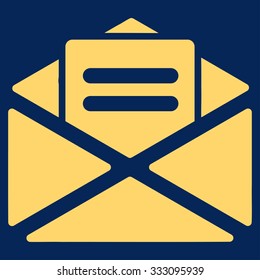 Open Mail vector icon. Style is flat symbol, yellow color, rounded angles, blue background.