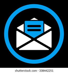 Open Mail vector icon. Style is bicolor flat rounded symbol, blue and white colors, rounded angles, black background.