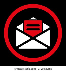 Open Mail vector icon. Style is bicolor flat rounded symbol, red and white colors, rounded angles, black background.