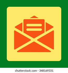 Open Mail vector icon. Style is flat rounded square button, orange and yellow colors, green background.