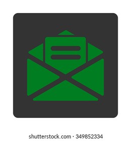 Open Mail vector icon. Style is flat rounded square button, green and gray colors, white background.